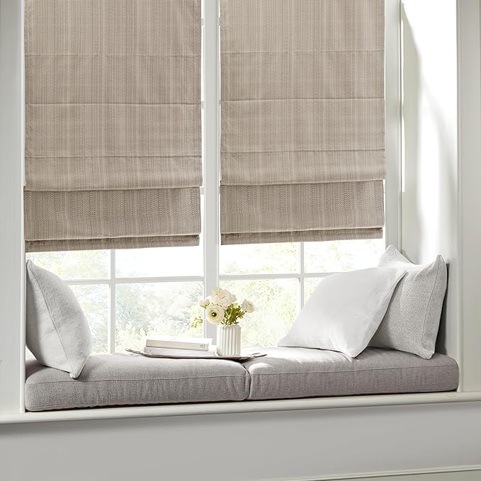 Madison Park Galen Cordless Roman Shade, 34"W x 64"H, Sheen Taupe – Room Darkening, Thermal Insulated, Energy Efficient Window Blind with Subtle Sheen Basketweave Fabric for Privacy