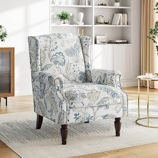 Pia Ricco High Back Floral Accent Chair - Retro Wingback Upholstered Armchair with Nailhead Trim, Solid Wood Legs, Fabric Living Room Bedroom Reading Chair (Plants Blue)