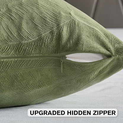 FUTEI Sage Green Velvet Throw Pillow Covers 22x22 Inch Set of 2,Soft Embossed Leaf-Relief Textured Cushion Cases,Natural Home Decor for Couch Living Room