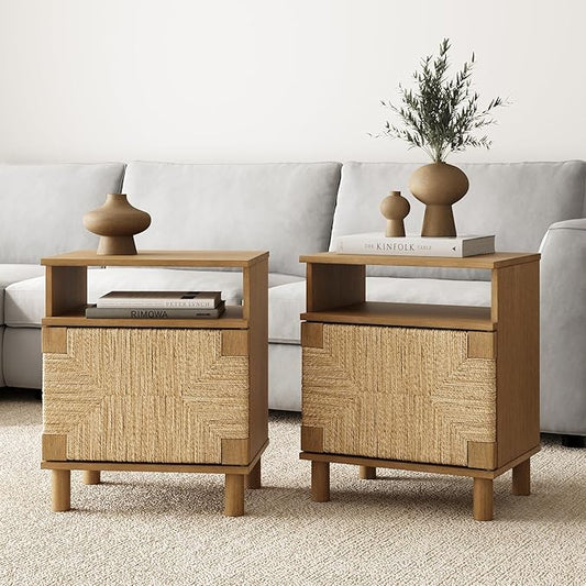 Nathan James Beacon Wood Nightstand, Bohemian Accent Table or Sofa Side Table with Seagrass Door for Bedroom or Living Room, Light Brown, Set of 2