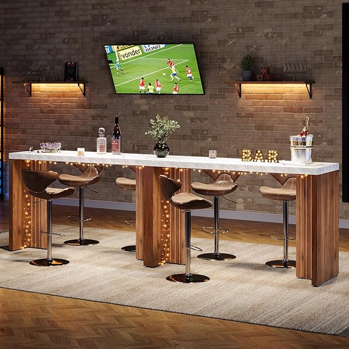 Tribesigns Home Bar Unit, 55.12-Inch Bar Table with a Faux Marble Finished Tabletop, Modern Freestanding Mini Bar for Home Kitchen, Living Room, Balcony, Basement, Walnut & White (Set of 2)