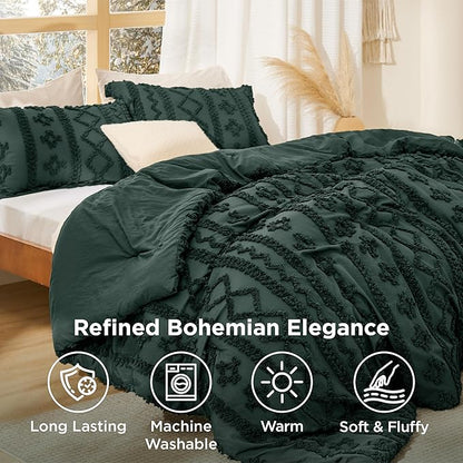 Bedsure Tufted Boho Comforter Set King Size - Dark Green Boho Bed Set, GentleSoft™ 3 Pieces Farmhouse Shabby Chic Embroidery Bedding, Gifts for Woman, Soft Jacquard King Comforter for All Seasons