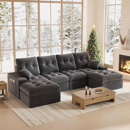 High Back Boneless Couch, U Shaped Cloud Couch with Versatile 2-Pack Pillow Blankets, Corduroy Modular Sectional Sofa with Ottoman, No Assemble Sectional Couches for Living Room, Dark Grey