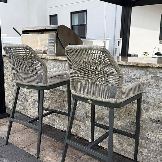 PURPLE LEAF 2 Pieces Bar Stools Patio Modern Rattan Barstools Aluminum Woven Tall Bar Chairs with Cushions for Outdoor Kitchen Island Garden