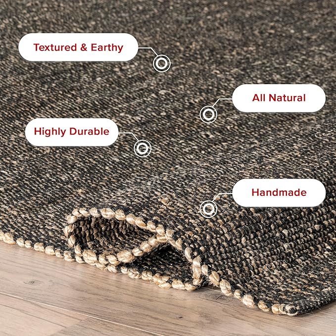 nuLOOM 2'6" x 8' Elfriede Jute & Cotton Hand Woven Area Rug, Charcoal, Solid Rustic Farmhouse Style, Weaved Design, Natural Fiber, For Bedroom, Living Room, Dining Room, Hallway, Office, Entryway