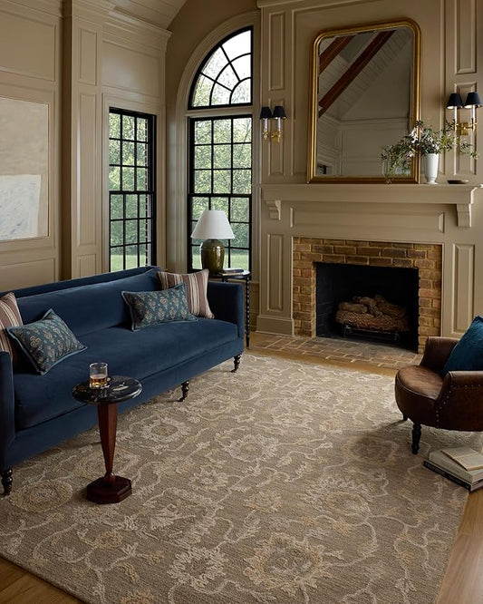 Loloi Chris Loves Julia Dorothea Collection DRT-01 Oak/Natural 9'-3" x 13' Area Rug Wool Neutral Floral Living Room Bedroom Carpet
