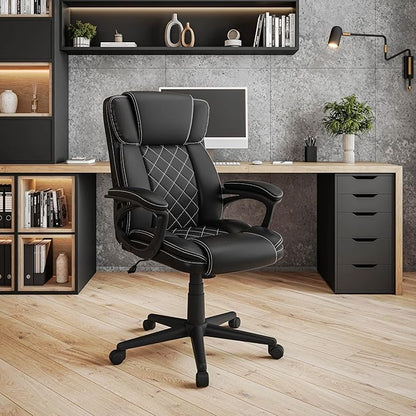 Techni Mobili Ergonomic Executive Office Chair, High Back, Adjustable Height, Lumbar Support, Diamond-Stitched Padding, Swivel Desk Chair with Armrests & Tilt Recline for Home Office or Work (Black)