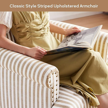 HUIMO Linen Fabric Accent Chairs Set of 2, Mid-Century Modern Armchair with Solid Wood Legs, Single Sofa Chair,Upholstered Reading Club Chair (2, Brown and White Stripe)