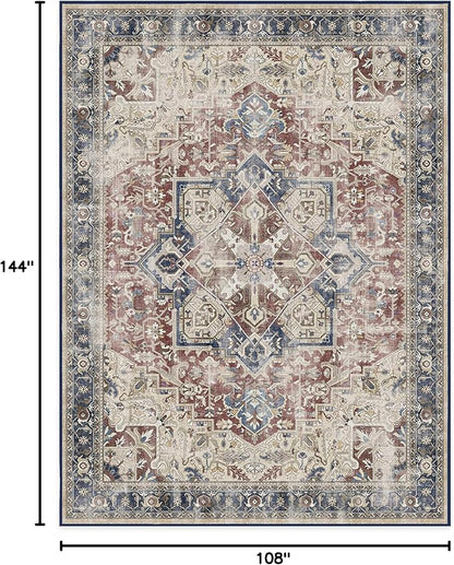 RUGGABLE Washable Vintage Area Rug – Kamran Royal Blue 9x12, Stain-Resistant, Non-Slip – Large Machine Washable Rugs for Living Room, Bedroom, Hallway, Entryway & Office–with Cushioned Pad