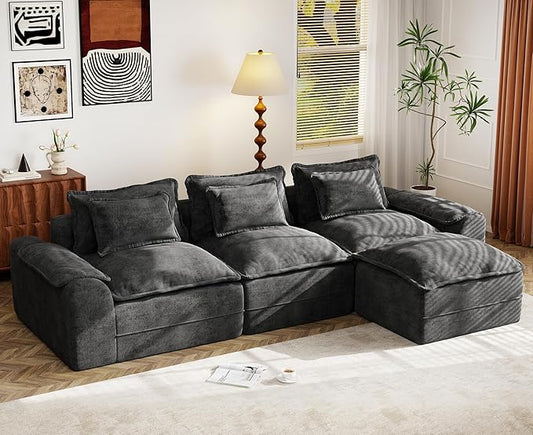 Hobestluk 120" Cloud Modular Sectional Couch 3-Seater Sofa with Ottoman L Shaped Sofa with Removable Cover Large Sofa Couch for Living Room (Dark Grey, 3-Seater Sofa with One Ottoman)