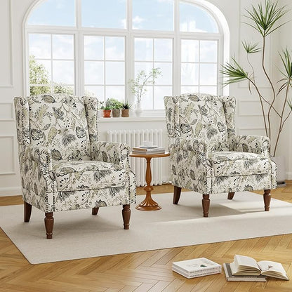 Accent Chair, Upholstered High Back Floral Armchair with Nailhead Trim & Wood Legs, Comfy Wingback Reading Single Sofa Chair for Small Spaces, Living Room, Bedroom ( Plants Beige Floral, Set of 2)