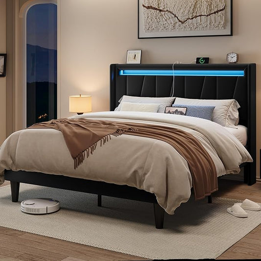 Allewie Full Size LED Bed Frame with Charging Station, Velvet Upholstered Platform Bed with Geometric Wingback Headboard, Modern Frame with No Box Spring Needed, Easy Assembly, Black