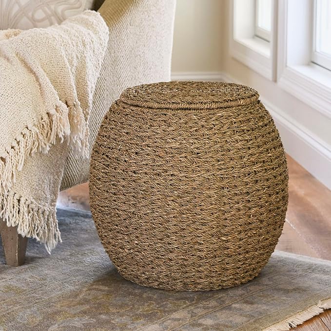 Household Essentials Handwoven Seagrass Barrel Wicker Storage Basket Side Table, Natural