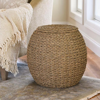 Household Essentials Handwoven Seagrass Barrel Wicker Storage Basket Side Table, Natural