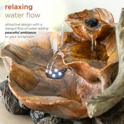 Alpine Corporation 9" Tall Indoor Tabletop Tiered Leaf Hand-Painted Fountain with LED Lights