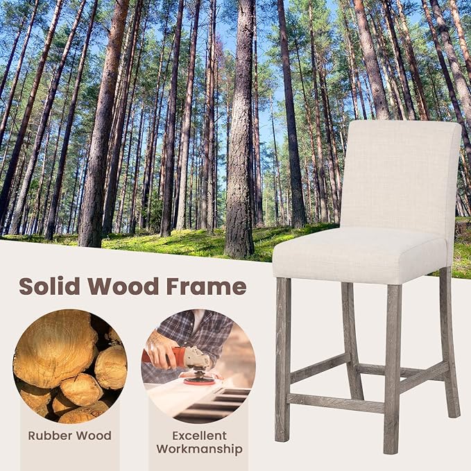 COSTWAY Upholstered Counter Height Stools Set of 4, Bar Stools w/Ergonomic Backrest, Solid Wood Frame, 24.5” Fabric Counter Height Chairs for Kitchen Island, Dining Room, Pub (Beige)