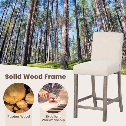 COSTWAY Upholstered Counter Height Stools Set of 4, Bar Stools w/Ergonomic Backrest, Solid Wood Frame, 24.5” Fabric Counter Height Chairs for Kitchen Island, Dining Room, Pub (Beige)
