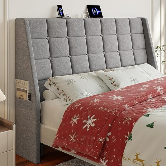 Queen Size Headboard with Charging Station, Ergonomic Upholstered Linen Headboards Only, Wingback Wood Bed Head Board with Storage Pocket, Bed Frame Adapters, Light Grey
