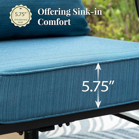 Patio Furniture Set, 6 Pcs Metal Outdoor Conversation Set, 2 Swivel Chairs, 2 Ottomans and 3 Seater Sofa with 5.75" Extra Thick Cushion and Gas Fire Pit Table, Gemstone Blue