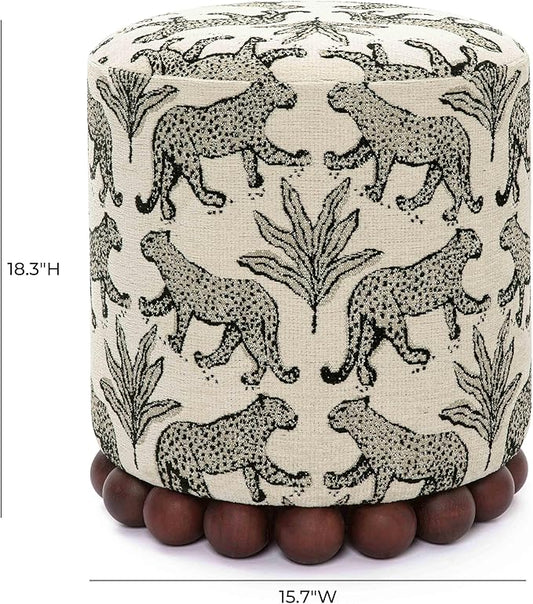 First of a Kind Ottoman Foot Rest - Cream Fabric Round Ottoman Stool with Solid Wood Spherical Orbs - 15.7" W x 15.7" D x 18.3" H - Handmade, Easy Clean, 330 lbs Weight Capacity