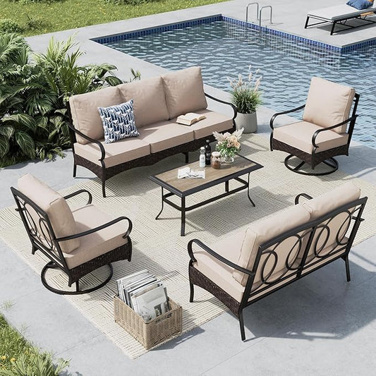 MFSTUDIO 5 PCS Outdoor Patio Furniture Set, Metal Outdoor Conversation Set, Rattan Wicker Patio Sectional Sofa Set with 2 x Swivel Single Sofa, 2-Seat and 3-Seat Sofa, 1 x Coffee Table, Beige