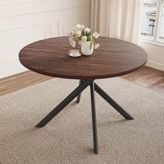 45.3 Inch Modern Round Dining Table for 4, Space-Saving Dinette with Carbon Steel Legs for Home Kitchen Apartment(Dark Walnut Table)