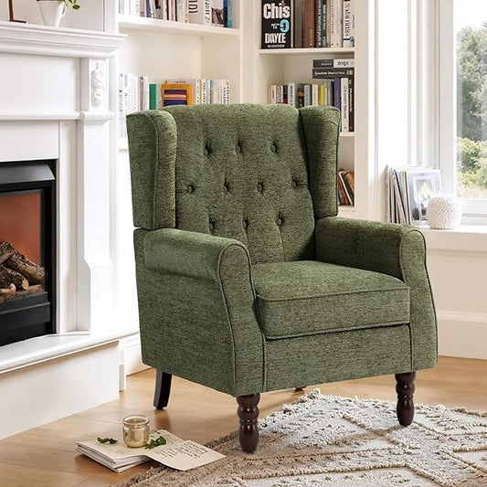 Lumibee High Back Accent Chair,Upholstered Wingback Armchair with Solid Wood Legs for Small Spaces,Comfy Single Sofa Chair for Living Room,Bedroom,Office-Green