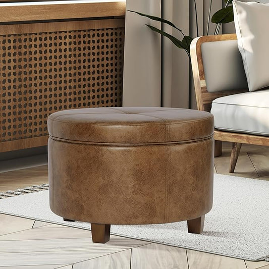 HomePop Large Leatherette Storage Ottoman - Distressed Brown Faux Leather
