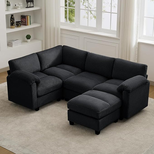 87'' U-Shaped Sectional Sofa with Ottoman, 5-Seater Modular Couches for Living Room, Corduroy Deep Seat Cloud Sofa with Center Stitched, Black