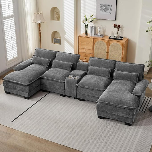 U Shaped Sectional Sofa with Storage Console, Cup Holders & USB Ports, Small Modular Cloud Couch with Deep Seats, Modern Comfy Living Room Sofa for Apartment, Chenille Grey