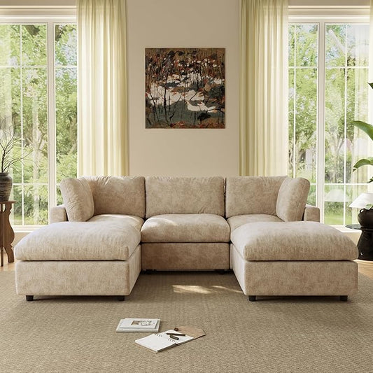 WJShome 100 Inch U Shaped Modern Sofa Modular Sectional Cloud Couch with 2 Ottoman, 4-Seat Chenille Deep Seat Couches for Living Room, Bedroom and Apartment，Khaki