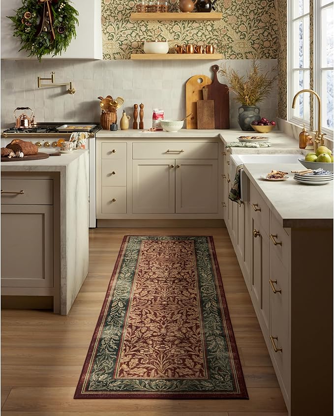 RUGGABLE x Morris & Co Machine Washable Christmas Area Rug – Acorn Amber Red 6 ft Round, Stain-Resistant, Non-Slip – Medium Rugs for Living Room, Bedroom, Hallway, Entryway & Office–with Standard Pad