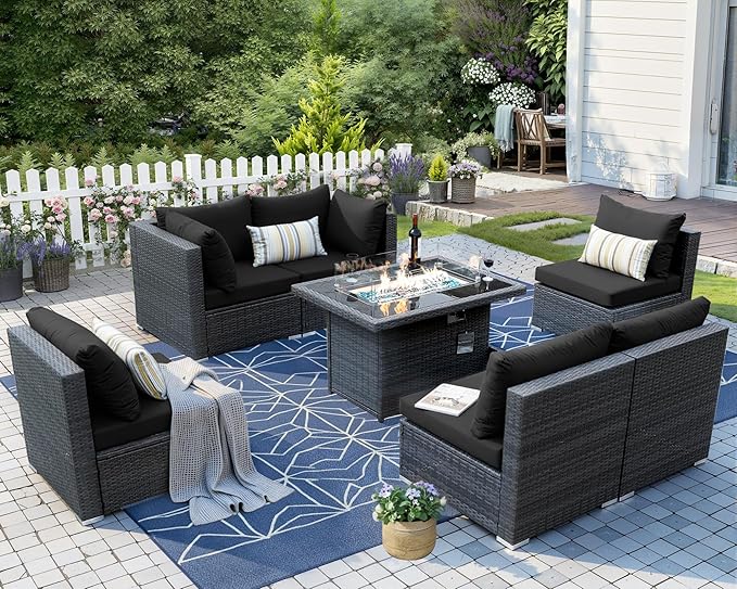 NICESOUL 7 Piece Outdoor Furniture Set with Fire Pit Table Natural Gas & Propane Convertible, 29.3'' High Back Extra Large Rattan Patio Modular Sectional Conversations, 2 Color Cushion Black & Gray