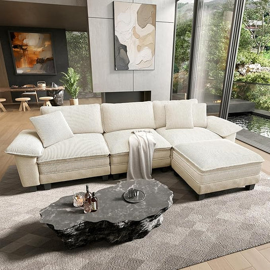 HERA'S HOUSE Oversized Modular Sectional Sofa, 124" L Shaped Cloud Couch with Ottoman and Throw Pillow, Mixed Fabric Sleek Couches for Living Room, Beige
