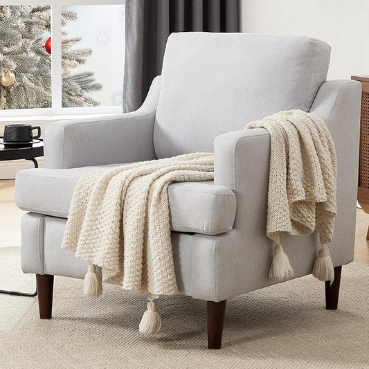 Mid-Century Accent Chair Modern Linen Fabric Armchair for Living Room,Deep Seat Comfy Upholstered Reading Chairs for Bedroom,Single Sofa Chair with Wood Legs (LightGrey, Set of 1)