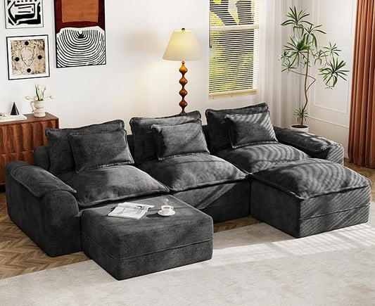 Hobestluk 120" Cloud Modular Sectional Couch 3-Seater Sofa with Ottomans U Shaped Couch Deep Seat Sofa with Removable Cover Large Sofa for Living Room (Dark Grey, 3-Seater Sofa with Two Ottomans)