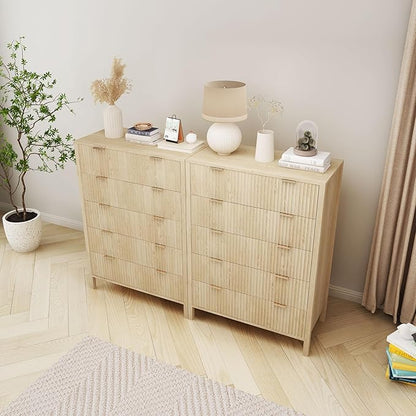Fluted 5 Drawer Tall Dresser for Bedroom, Mid Century Modern Nightstand with Drawers, Tall Bedside Table for Closet Cloth, Living Room End Table with Storage for Dorm -Natural