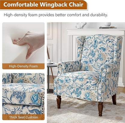 Floral Wingback Accent Chair, High Back Upholstered Armchair, Comfy Fabric Wingback Arms Chairs with Retro Solid Wood Legs, Single Sofa Reading Chair for Bedroom Living Room, Boho Blue