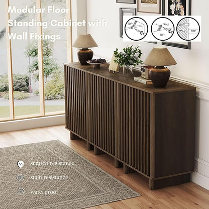 Walnut Storage Cabinet Set, Freestanding Floor Cabinet 23.6” Farmhouse Sideboard with 2 Fluted Doors Wooden Buffet Cabinet Media Console Table Credenza for Living Room Dining Room Hallway, Singe