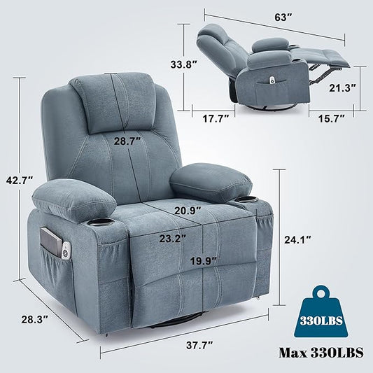 Oversized Swivel Rocker Recliner Chair with Heat and Massage, Large Big Recliner Chair for Living Room, 360 Degree Swivel Rocking Single Sofa with Cup Holders and USB Port(Fabric, Blue)