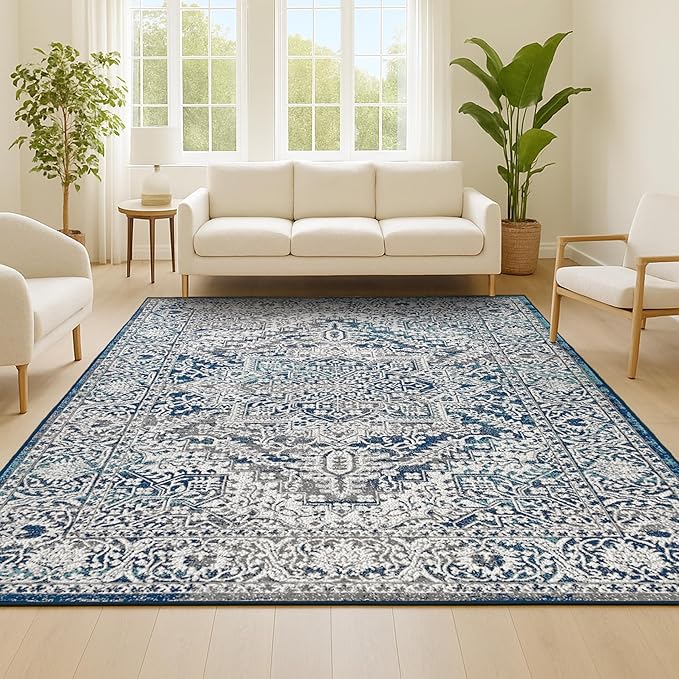 JONATHAN Y Modern Vintage Medallion Navy/Light Gray Indoor Area Rug, 4x6, Country, Floral, Easy-Cleaning for Living Room, Bedroom, Kitchen, Pet Friendly, Non-Shedding (MDP100B-4)