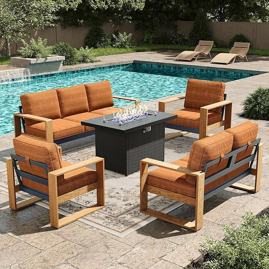 LayinSun 5 Pieces Aluminum Patio Furniture Set with Fire Pit Table, Oversized Seat with Hight Back, Outdoor Conversation Sets for Porch, Balcony, Deck