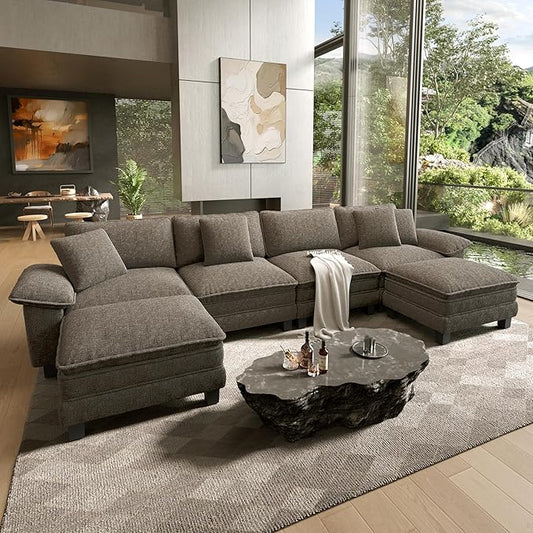 HERA'S HOUSE 158" Modular Sectional Sofa, Oversized U Shaped Couches for Living Room, Comfy Cloud Couch with Ottoman, 6-Seater Deep Seat Sofa with Throw Pillow, Chenille Ash