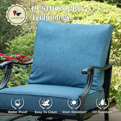 Patio Furniture Set, 4 Pcs Metal Outdoor Conversation Set, 2 Swivel Chairs and 3 Seater Sofa with 5.75" Extra Thick Cushion and Gas Fire Pit Table for Backyard Deck, Navy Blue