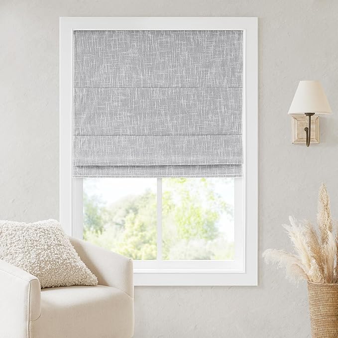 Madison Park Cordless Roman Shades, Total Blackout Window Blind Privacy Window Shades, Thermal Insulated Cordless Window Treatment for Bedroom, Living Room, Quincy, Single Panel 27"W x 64"H Light Grey