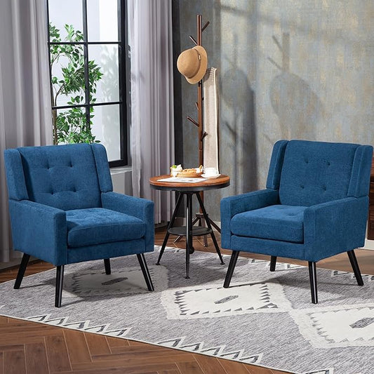 Mid-Century Modern Accent Chair Set of 2, Plush Linen Fabric with Button Tufted High Back & 5" Thick Cushion, High Comfort Reading Chair for Living Room, Bedroom, Office (Blue)