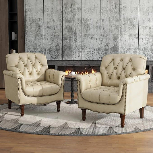 Lumibee Faux Leather Armchairs, Contemporary Accent Chairs Set of 2 with Nailhead Trims & Wood Legs for Living Room, Upholstered Comfy Arm Chairs for Office,Bedroom-Beige