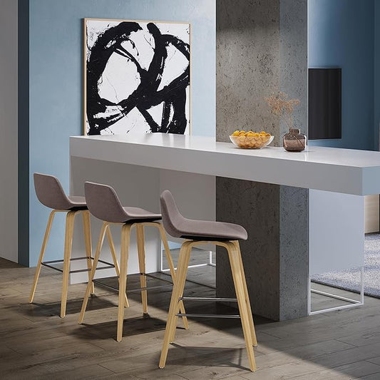 SIMPLIHOME Randolph Counter Stools (Set of 2) - 28 Inch Seat Height Upholstered Bentwood Kitchen Seats in Mocha Polyester Linen, Mid Century Modern Seating with Curved Backrest and Chrome Footrest