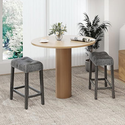 COSTWAY Wooden Saddle Stools Set of 2, 24-inch Counter Height Upholstered Backless Bar Stools with Solid Rubber Wood Legs, Padded Seat, Farmhouse Dining Chairs for Kitchen Island, Cafe, Grey