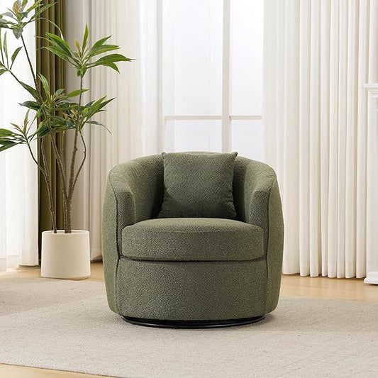 Swivel Accent Chair, Modern Upholstered Boucle Barrel Arm Chairs with Pillow for Living Room, 360 Degree Round Swivel Sherpa Armchair with Round Base for Bedroom Club (1, Green)